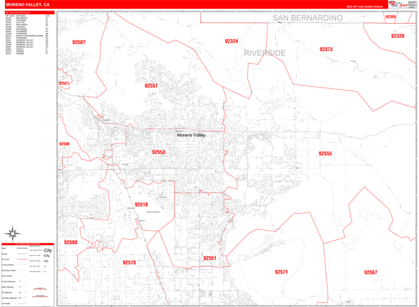 Moreno Valley City Wall Map Red Line Style